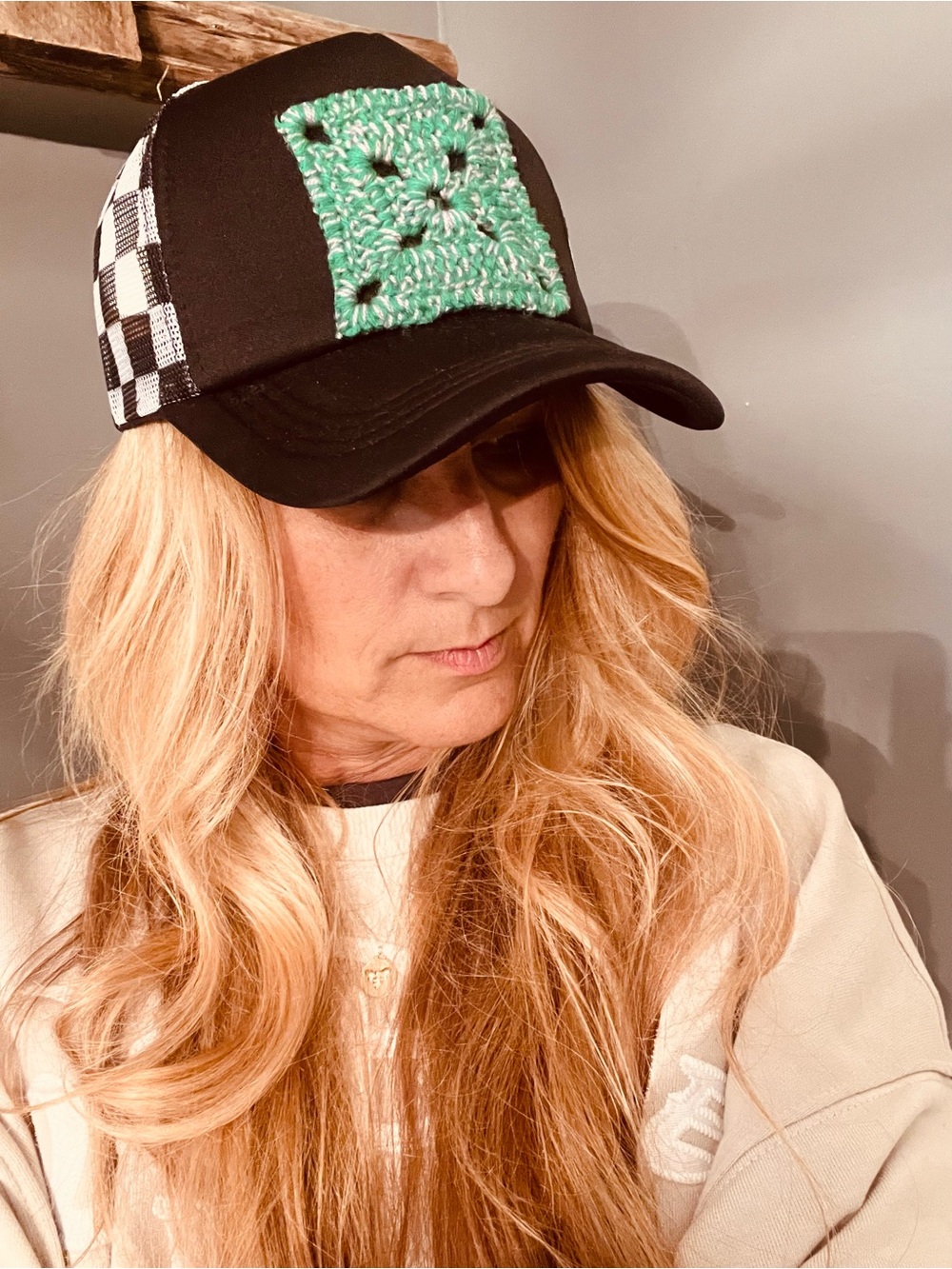 Black Granny Square Trucker Cap with Mint Crochet Patch